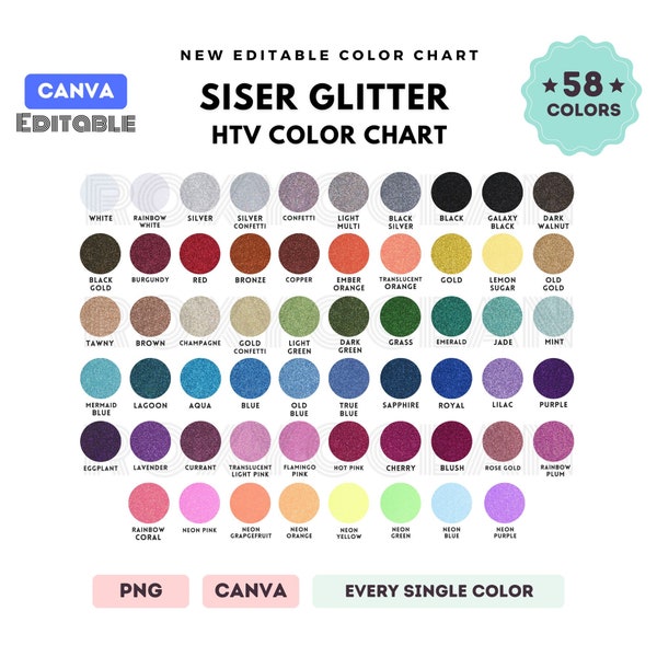 Siser Glitter Color Chart | EDITABLE Canva Template | Glitter Viny Color Chart | 58 Colors l HTV Vinyl Color Chart l CANVA Editable