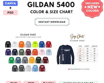 G540 Kleur- en maattabel | BEWERKBARE canvassjabloon | G540 Zwaar katoenen T-shirt met lange mouwen | G540-maattabel | CANVA + PSD-bewerkbare sjabloon