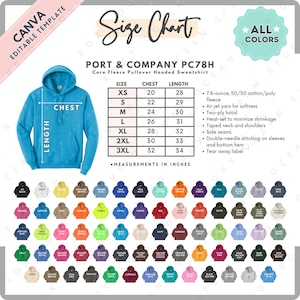 May include: Size chart for Port & Company PC78H Core Fleece Pullover Hooded Sweatshirt. The chart shows sizes XS to 3XL with corresponding chest and length measurements in inches. The sweatshirt is available in a variety of colors.