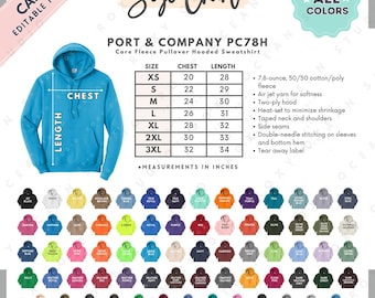 Port & Company PC78H Maat- en kleurenkaart | BEWERKBARE canvassjabloon | PC78H fleece sweater met capuchon | PC78H-maattabel | CANVA bewerkbaar