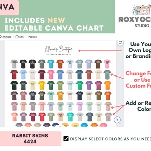 May include: An editable Canva digital color chart template for Rabbit Skins 4424 t-shirts. The interface displays a grid of various colored t-shirt icons, text labels, and branding placeholders. It includes instructions to add logos, change fonts, and modify colors.