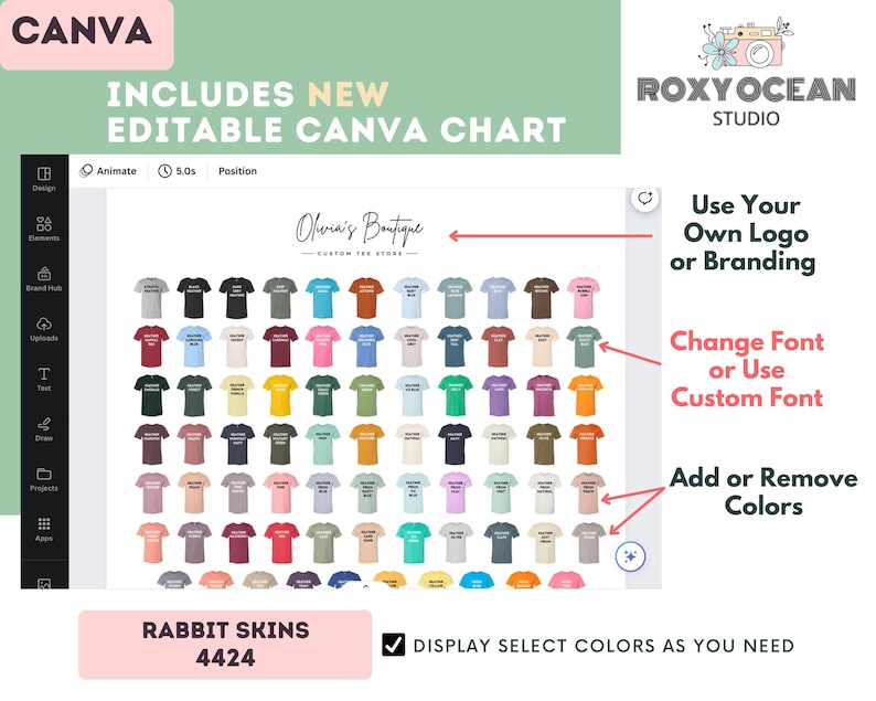 May include: An editable Canva digital color chart template for Rabbit Skins 4424 t-shirts. The interface displays a grid of various colored t-shirt icons, text labels, and branding placeholders. It includes instructions to add logos, change fonts, and modify colors.