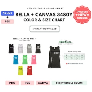 Bella Canvas 3480Y Tabla de colores y tallas / Plantilla editable de Canva / Camiseta juvenil 3480Y / Tabla de tallas 3480Y / Plantilla CANVA + PSD