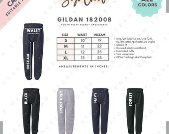 Tabela de Tamanhos e Cores Gildan 18200B | Modelo EDITÁVEL no Canva | Calça de Moletom Juvenil G182B em Tecido Pesado | Tabela de Tamanhos G182B | Modelo Editável no Canva