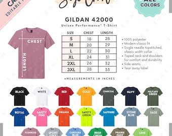 May include: A size chart for a Gildan 42000 unisex t-shirt, with chest and length measurements in inches. The chart includes sizes S to 3XL, and a color palette of 20 different colors. The shirt is made of 100% polyester.