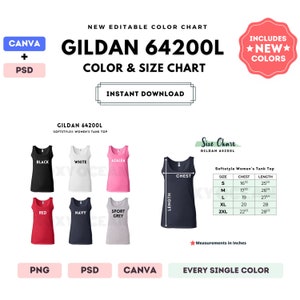 Tabla de colores y tallas G642L / Plantilla Canva editable / Camiseta ajustada Softstyle G642L / Tabla de tallas G642L / Tabla de colores editable en CANVA y PSD