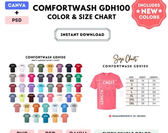 Comfortwash GDH100 Color + Size Chart | EDITABLE Canva Template | GDH100 Garment-Dyed T-Shirt | GDH100 Size Chart | CANVA + PSD Editable