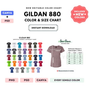 880 Farben + Größentabelle | EDITIERBARE Canva Vorlage | 880 Softstyle Damen Leichtes T-Shirt | 880 Größentabelle | CANVA + PSD Bearbeitbar