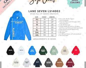 Tabela de Tamanhos e Cores do Moletom Lane Seven LS14003 | Modelo EDITÁVEL no Canva | Moletom com Capuz e Zíper Frontal Unissex LS14003 | Tamanho LS14003 | Modelo Editável no Canva