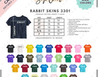 Tabela de Tamanhos e Cores Rabbit Skins 3301 | Modelo EDITÁVEL no Canva | Camiseta Infantil 3301 em Malha de Algodão | Tabela de Tamanhos 3301 | Tamanho Editável no Canva