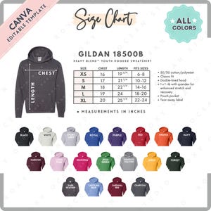 Gildan 18500B Größe + Farbkarte | EDITIERBARE Canva Vorlage | G185B Jugend Kapuzen-Sweatshirt | G185B Größentabelle | CANVA bearbeitbare Größentabelle
