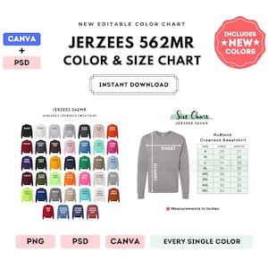 Jerzees 562MR Color + Size Chart | EDITABLE Canva Template | 562MR Crewneck Sweatshirt | 562MR Size Chart | CANVA + PSD Editable Color Chart