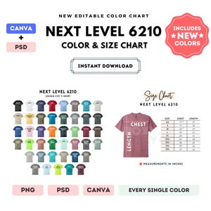 Tabla de colores y tallas Next Level 6210 / Plantilla editable de Canva / Camiseta unisex CVC 6210 / Tabla de tallas 6210 / Tabla de colores editable en Canva y PSD