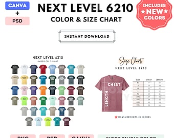 Tabella colori e taglie Next Level 6210 / Modello Canva modificabile / T-shirt unisex CVC 6210 / Tabella taglie 6210 / Tabella colori modificabile Canva + PSD