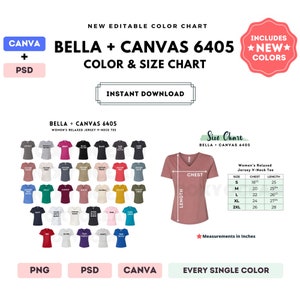 Bella Canvas 6405 Tabla de colores y tallas / Plantilla Canva editable / Camiseta de cuello en V 6405 / Tabla de tallas 6405 / Tabla de colores editable en CANVA + PSD