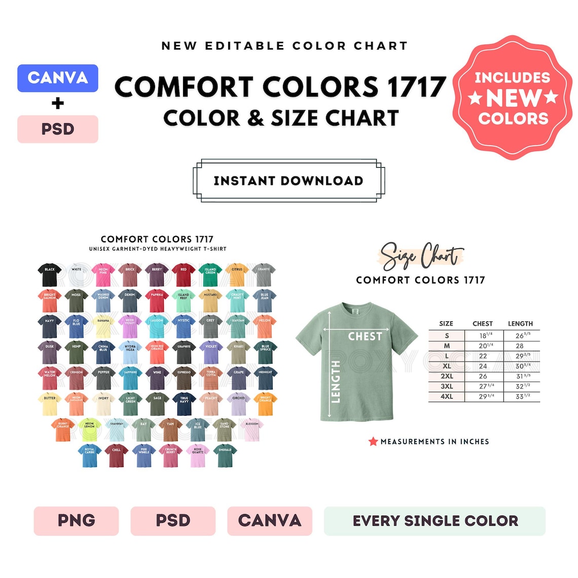 Comfort Colors 1717 Color + Size Chart | EDITABLE Canva Template | 1717 ...