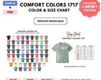 Comfort Colors 1717 Color + Size Chart | EDITABLE Canva Template | 1717 Heavyweight T-Shirt | 1717 Size Chart | CANVA + PSD Editable