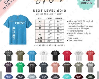 Next Level 6010 Size + Color Chart | EDITABLE Canva Template | 6010 Unisex Triblend Tee | 6010 Size Chart | CANVA Editable Size Chart