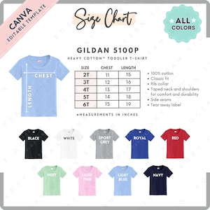 Gildan 5100P Größe + Farbkarte | EDITIERBARE Canva Vorlage | G510P Kinder T-Shirt aus schwerer Baumwolle | G510P Größentabelle | CANVA Bearbeitbare Größe