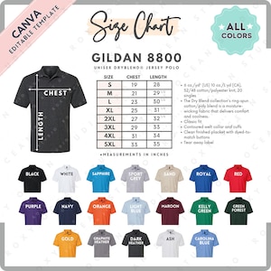 May include: A size chart for a Gildan 8800 unisex DryBlend jersey polo shirt. The chart includes chest and length measurements in inches for sizes S to 5XL. The image also displays the shirt in various colors, including black, white, and sapphire.