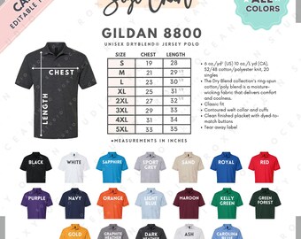 Tabela de Tamanhos e Cores Gildan 8800 | Modelo EDITÁVEL no Canva | Polo Unissex G880 em Jersey DryBlend | Tabela de Tamanhos G880 | Tabela de Tamanhos Editável no CANVA