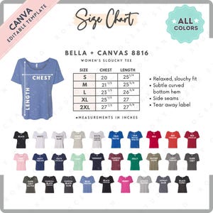 Tabla de tallas y colores de Bella Canvas 8816 / Plantilla editable de Canva / Camiseta holgada para mujer 8816 / Tabla de tallas 8816 / Tabla de tallas editable de CANVA