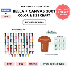 Bella Canvas 3001 Tabla de colores y tallas / Plantilla Canva editable / Camiseta unisex 3001 / Tabla de tallas 3001 / Tabla de colores editable en CANVA y PSD