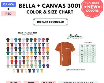 Bella Canvas 3001 Color + Size Chart | EDITABLE Canva Template | 3001 Unisex Jersey Tee | 3001 Size Chart | CANVA + PSD Editable Color Chart