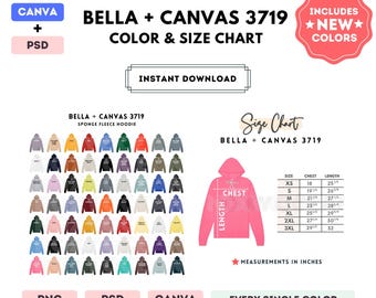 Bella Canvas 3719 Color + Size Chart | EDITABLE Canva Template | 3719 Sponge Fleece Hoodie | 3719 Size Chart | CANVA + PSD Editable Template