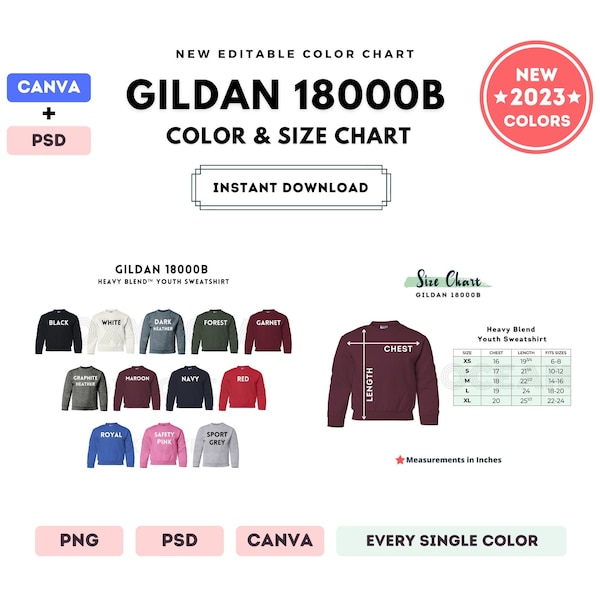 G180B Color + Size Chart | EDITABLE Canva Template | G180B Youth Sweatshirt | G180B Size Chart | CANVA + PSD Editable Color Chart