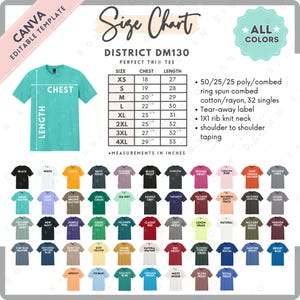 District DM130 Maat- en Kleurentabel | Bewerkbare Canva-sjabloon | DM130 Perfect Tri Tee | DM130 Maattabel | Bewerkbare Maattabel op CANVA