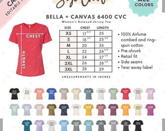 Bella Canvas 6400 CVC Size + Color Chart | Editable Canva Template | 6400 CVC Women’s Relaxed Jersey Tee | 6400 CVC Size Chart