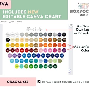 K&ouml;nnte beinhalten: Ein Canva-Diagramm mit einer Farbpalette von 100 verschiedenen Farben, beschriftet mit "Olivia's Boutique". Das Diagramm ist editierbar und enth&auml;lt den Text "ORACAL 651". Das Diagramm ist Teil eines gr&ouml;&szlig;eren Bildes, das den Text "INCLUDES NEW EDITABLE CANVA CHART" und "ROXY OCEAN STUDIO" enth&auml;lt.