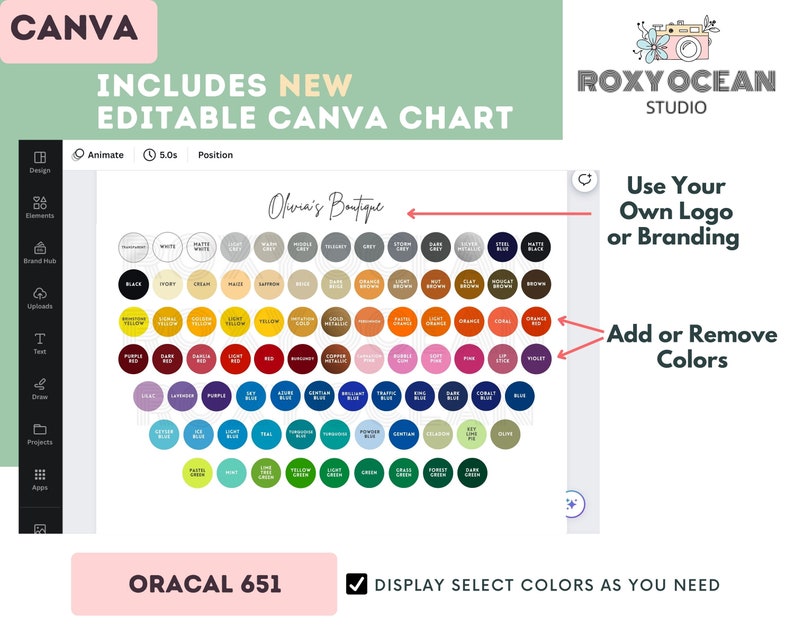K&ouml;nnte beinhalten: Ein Canva-Diagramm mit einer Farbpalette von 100 verschiedenen Farben, beschriftet mit "Olivia's Boutique". Das Diagramm ist editierbar und enth&auml;lt den Text "ORACAL 651". Das Diagramm ist Teil eines gr&ouml;&szlig;eren Bildes, das den Text "INCLUDES NEW EDITABLE CANVA CHART" und "ROXY OCEAN STUDIO" enth&auml;lt.