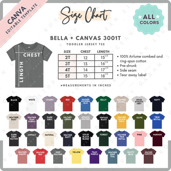 Bella Canvas 3001T Size + Color Chart | EDITABLE Canva Template | 3001T Toddler Jersey Tee | 3001T Size Chart | CANVA Editable Size Chart