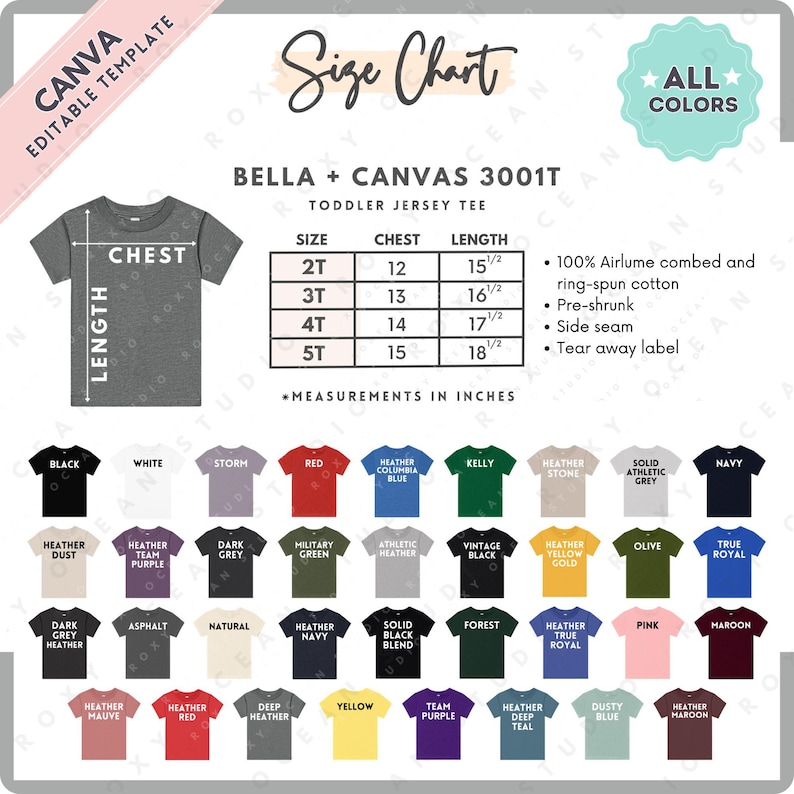 May include: A size chart for Bella + Canvas 3001T toddler jersey tees, with chest and length measurements in inches. Includes a color chart with various options like black, white, and navy. The text "All Colors" is displayed.