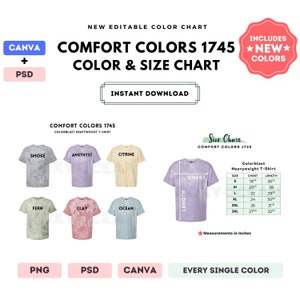Comfort Colors 1745 Color + Size Chart | EDITABLE Canva Template | 1745 Colorblast Heavyweight T-Shirt | 1745 Size Chart | CANVA + PSD Chart