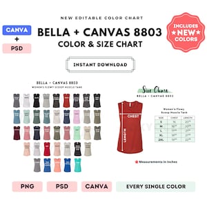Bella Canvas 8803 Tabla de colores y tallas / Plantilla Canva editable / Camiseta de tirantes holgada con escote pronunciado 8803 / Tabla de tallas 8803 / Plantilla Canva + PSD