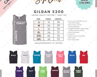 Tabela de Tamanhos e Cores da Camiseta Gildan 5200 | Modelo EDITÁVEL no Canva | Camiseta Regata Unissex de Algodão Pesado G520 | Tabela de Tamanhos G520 | Tabela de Tamanhos Editável no Canva