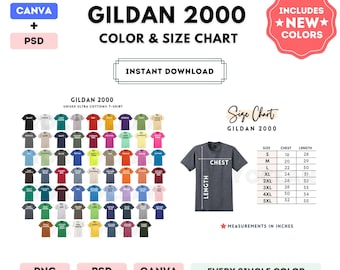 G200 kleur- en maattabel | BEWERKBARE canvassjabloon | G200 ultrakatoenen T-shirt | G200-maattabel | CANVA + PSD bewerkbare kleurenkaart