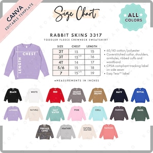 May include: A Rabbit Skins 3317 toddler fleece crewneck sweatshirt size chart with a lavender sweatshirt illustration, a table showing measurements in inches for sizes 2T to 7, and a grid of 17 color swatches including black, white, red, and camo.