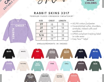 Rabbit Skins 3317 Size + Color Chart | EDITABLE Canva Template | 3317 Toddler Crewneck Sweatshirt | 3317 Size Chart | CANVA Editable Size