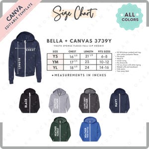 Semi-editable Bella + Canvas 3739Y Size + Color Chart