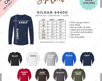 Tabela de Tamanhos e Cores Gildan 64400 | Modelo EDITÁVEL no Canva | Camiseta Unissex de Manga Longa G644 | Tabela de Tamanhos G644 | Tabela de Tamanhos Editável no Canva