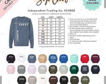 Tabela de Tamanhos e Cores do Modelo SS3000 da Independent Trading Co. | Modelo EDITÁVEL do Canva | Moletom Unissex SS3000 com Gola Redonda | Tabela de Tamanhos do SS3000
