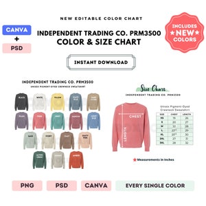 Independent Trading Co.PRM3500 Color + Size Chart | EDITABLE Canva Template | PRM3500 Crewneck Sweatshirt | PRM3500 Size Chart | CANVA + PSD