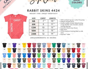 Rabbit Skins 4424 Size + Color Chart | EDITABLE Canva Template | 4424 Infant Fine Jersey Bodysuit | 4424 Size Chart | CANVA Editable Size