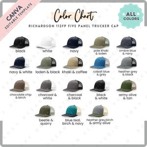 Nuancier Richardson 112FP | Modèle de toile MODIFIABLE | Casquette trucker 5 panneaux couleurs Richardson | Casquette trucker à cinq panneaux couleurs Richardson