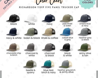 Tabela de cores do Richardson 112FP | Modelo Canva editável | Cores do boné trucker de 5 painéis da Richardson | Cores do boné trucker de cinco painéis da Richardson