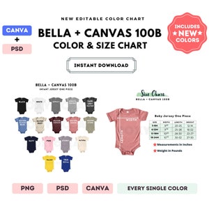 Bella Canvas 100B Color + Tabla de tallas / Plantilla Canva editable / Traje de baño enterizo para bebé 100B / Tabla de tallas 100B / Plantilla CANVA + PSD